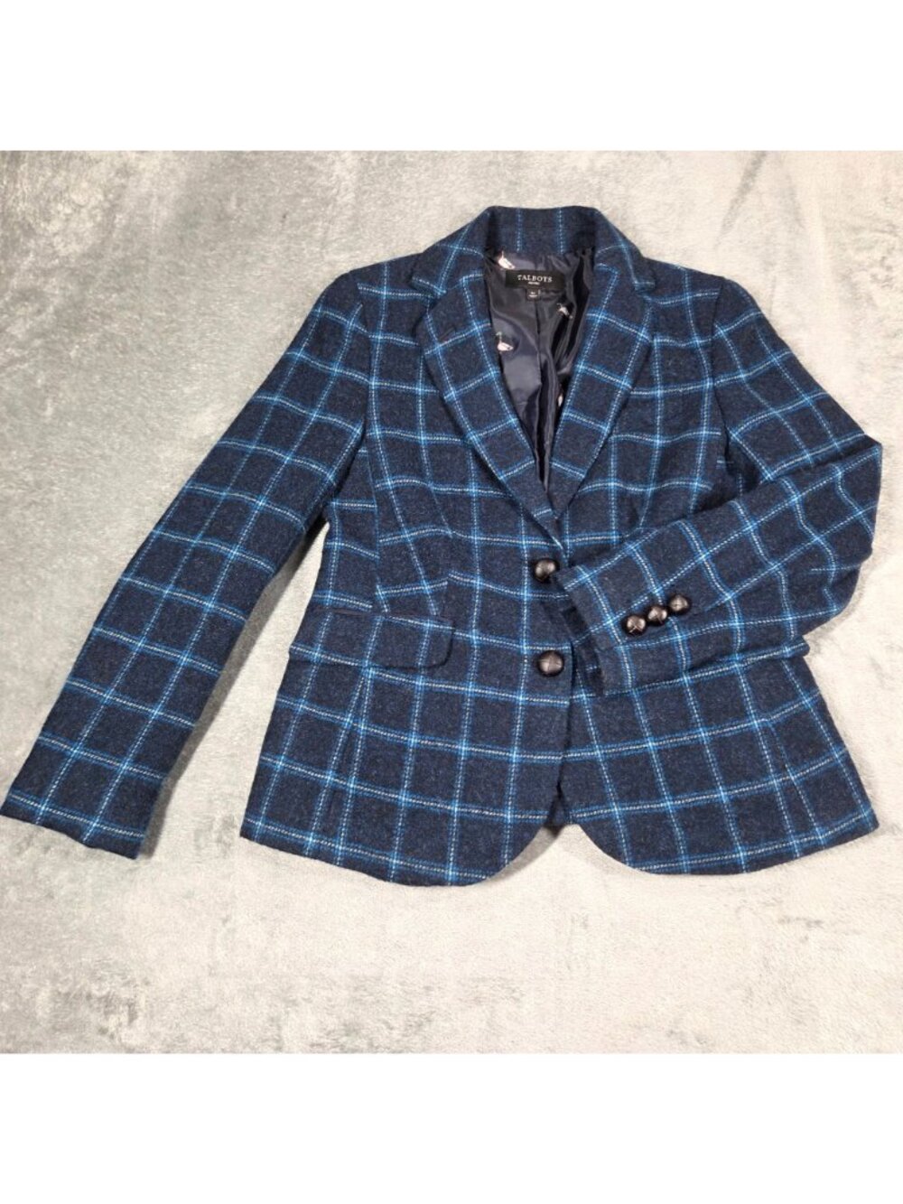 Talbots Blazer 6 Petite Blue Windowpane Plaid Wool Blend Preppy Office Jacket